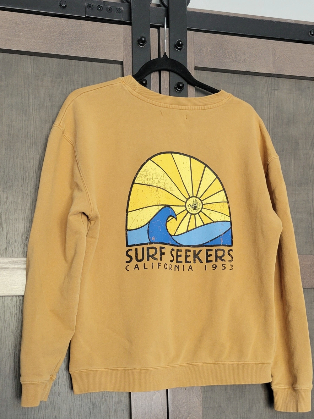 Retro Body Glove Mustard Crewneck Sweatshirt with Blue & Yellow Surf Graphic